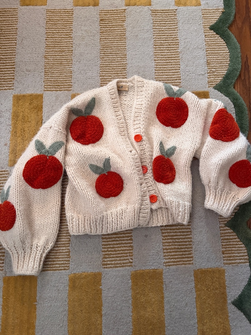 Cream Apple Patch Knit Cardigan